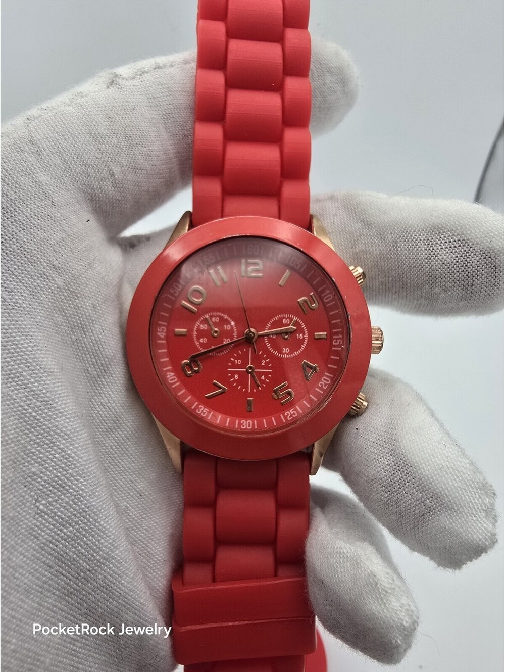 Red Rose Gold Tone Watch Multi Dial Arabic Numerals Silicone Band Quartz 40mm